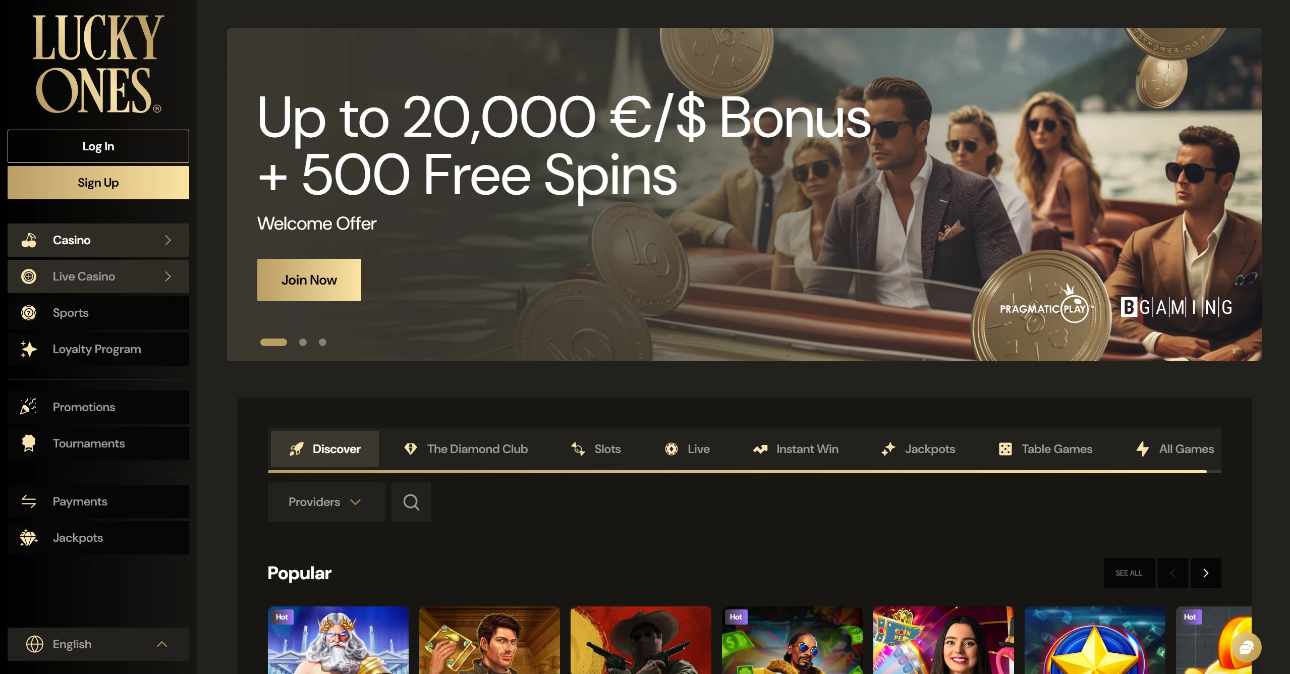 Luckyones frontpage with banner and popular online pokies